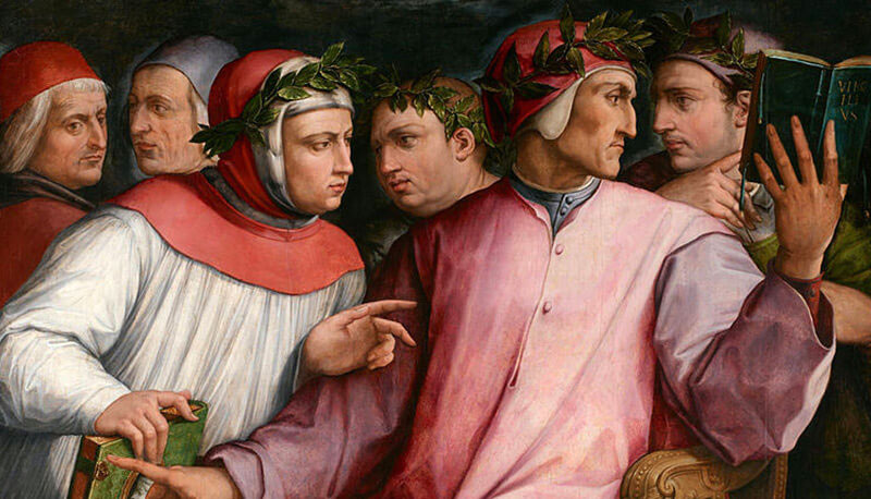 Ritratto di gruppo di sei poeti del Dolce Stil Novo: Dante, Petrarca, Boccaccio e Guido Cavalcanti, esponente artistico della famiglia.